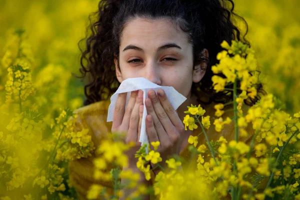 Pretty Young Woman Sneezing Blowing Nose Yellow Ripe Rapeseed Early — Stock Photo, Image
