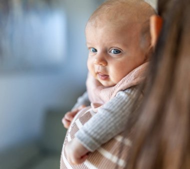 Annesinin omzunda sevimli bir bebeğin portresi. Annelik sevgisi ve bakım konsepti