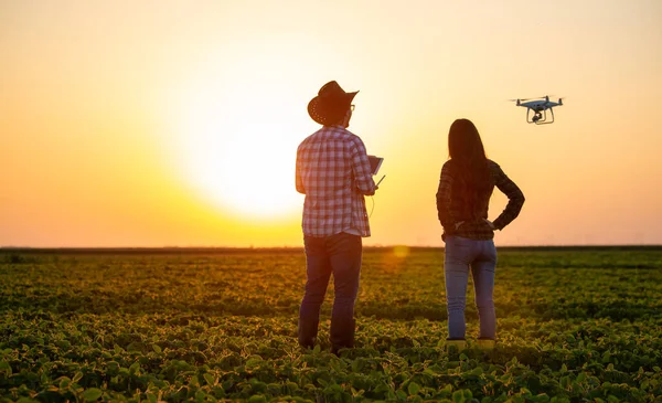 Agricultor Hombre Mujer Pie Campo Atardecer Conducción Drones Por Encima Imagen De Stock