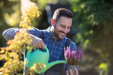 Yakışıklı, olgun bir adam, sonbaharda bahçedeki saksıda çiçek sulamaktan zevk alıyor.