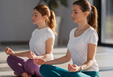 Yoga üzerine rahatça oturmuş meditasyon yapan iki kadın kapalı bir alanda yerde karşılaşmışlar. Doğal ışık sakinleştirici atmosferi güçlendirir.