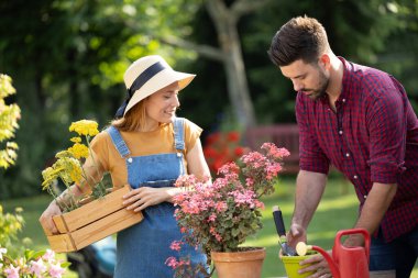 Genç çift güneşli bahçede neşeli bir şekilde iş birliği yapıyor, güzel bir günde açık havanın tadını çıkarırken renkli çiçek ve bitkilerle ilgileniyorlar..