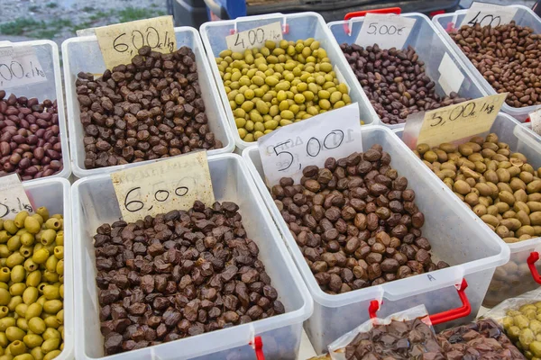 Various Types Olives Farmers Market Nikiti Sithonia Greece Selective Focus — Stock Photo, Image