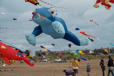 St Annes, Lancashire / Birleşik Krallık - 14 Eylül 2024: St Annes Kite Festivali. Canlı renkli uçurtmalar sahile gidenler deniz kenarında keyifli bir günün tadını çıkarırken gökyüzünü dolduruyor..