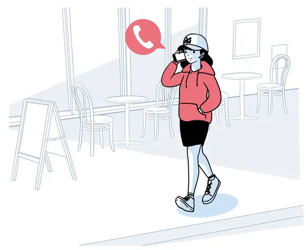 Девушка Идет Перед Кафе Разговаривая Своем Смартфоне Масштабируемая Векторная Иллюстрация — стоковый вектор