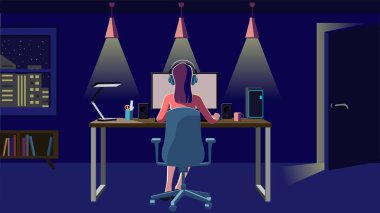 Karanlık bir odada masaüstü bilgisayarı kullanan bir kadın. Uzaktan kumanda. Fazla Zaman Ölçeklenebilir vektör çizimi.