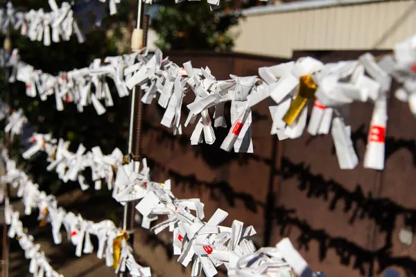 Japonya, 9 Şubat 2025: Bir Japon tapınağında ipe bağlı omikuji servet kağıtları.