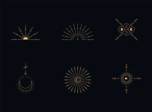 一套月亮和太阳线艺术 极小的Boho线性符号 天国的神秘元素矢量线艺术说明 — 图库矢量图片