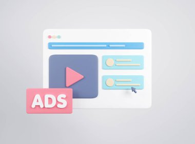 İnternet sitesinde yayınlanan reklamlar. Dijital reklamcılık ve sosyal medya çevrimiçi pazarlama kavramı. 3B görüntüleme.