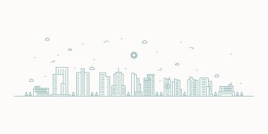 Şehir manzarası. Modern düz çizgi peyzaj vektörü. Şehir manzarası çizimi, bina, kule, gökdelenler. Vektör illüstrasyonu.