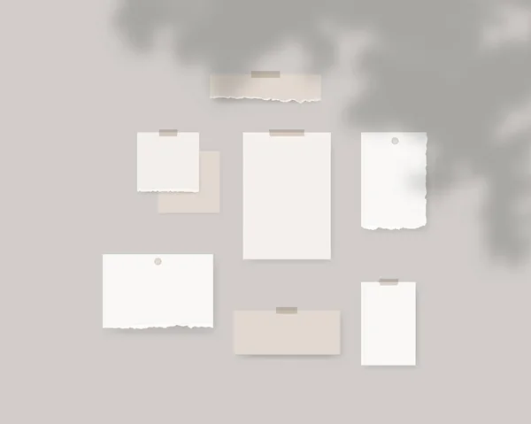 ムードボードモックアップテンプレート 影のオーバーレイと壁に白い紙の空のシート モックアップベクトル分離 テンプレートデザイン 現実的なベクトル図 — ストックベクタ