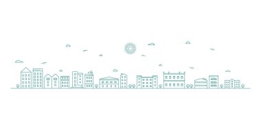 Şehir çizgisi resim çizimi. Monokrom çizgisi sanat tarzında şehir manzarası. Vektör illüstrasyonu.