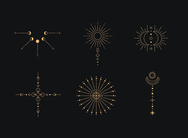 Художественное Оформление Линии Луны Солнца Минимальные Линейные Символы Бохо Небесный — стоковый вектор