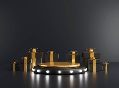 Kürsü ve hediye kutusuyla Kara Cuma afişi. Geometrik şekilli nesne ile en düşük ürün görüntüleme modeli. 3B görüntüleme. 