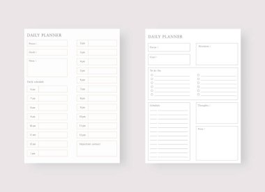 Günlük planlama şablonu. Planlayıcı ve yapılacaklar listesi. Modern şablon seti. Vektör illüstrasyonu. 