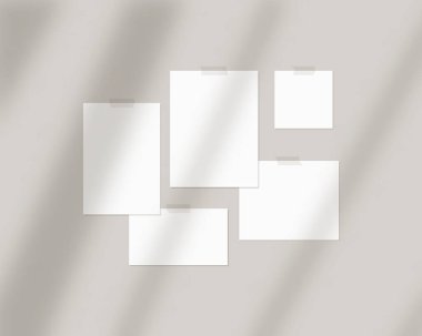 Ruh hali düzenleme şablonu. Duvarda gölgeli beyaz kağıtlar var. Model vektörü izole edildi. Şablon tasarımı. Gerçekçi vektör illüstrasyonu.