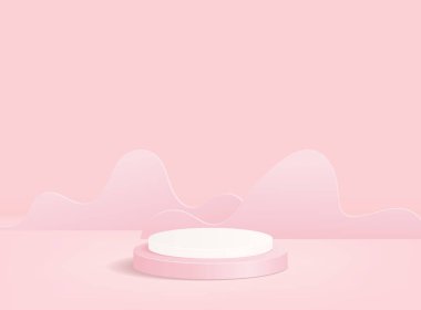 Kürsülü vektör arkaplanı. Geometrik şekilli bir ürün modeli. Sahne tanıtım gösterisi. Vektör illüstrasyonu.