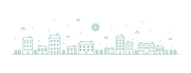 Şehir çizgisi resim çizimi. Monokrom çizgisi sanat tarzında şehir manzarası. Vektör illüstrasyonu.