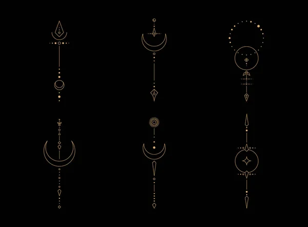 Set Moon Sun Line Art Minimal Boho Linear Symbols Celestial — Stock Vector