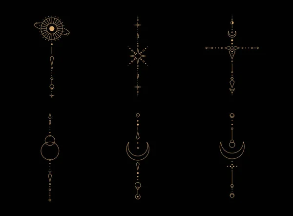一套月亮和太阳线艺术 极小的Boho线性符号 天国的神秘元素矢量线艺术说明 — 图库矢量图片#