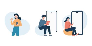 Çevrimiçi iletişim ve sosyal medya etkileşimi için akıllı telefonları kullanan gençler. Düz çizgi film karakter çizimi seti.