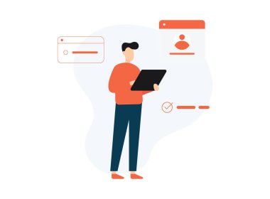 Akıllı telefon kullanan düz çizgi film karakteri. Vektör illüstrasyonu.