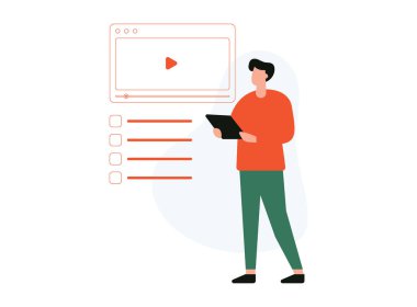 Çevrimiçi öğrenme kavramı. Çevrimiçi öğrenmede video kullanan düz çizgi film adamı. Online eğitim. Vektör illüstrasyonu.