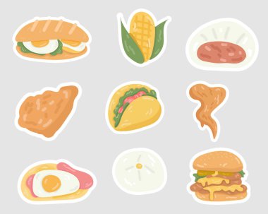 Çizgi film yemek etiketi seti. Vektör illüstrasyonu