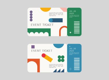 Olay bileti şablonu ayarlandı. Bilet modeli. Vektör şablonu illüstrasyonu.