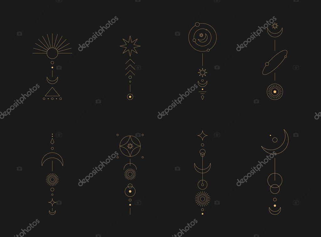 Set of moon and sun line art. Minimal boho linear symbols. Celestial mystic element. Vector line art illustration