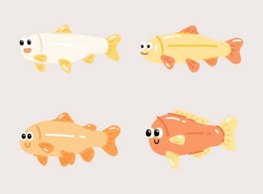 Bir grup tatlı kawaii balığı. Çizgi film tarzında vektör illüstrasyonu.