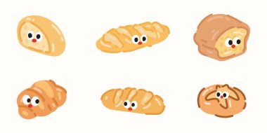 Tatlı çizgi film kawaii ekmeği. Çizgi film karalama çizim seti. Çizgi film tarzında vektör illüstrasyonu.