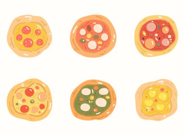 Çizgi film karalama pizzası seti. Pizza karalama çizimi. Çizgi film tarzında vektör illüstrasyonu.