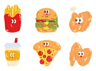 Tatlı çizgi film fast food seti. Çizgi film karalama çizim çizim seti. Çizgi film tarzında vektör illüstrasyonu.