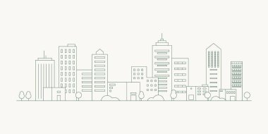 Şehir manzarası. Modern düz çizgi peyzaj vektörü. Şehir manzarası çizimi, bina, kule, gökdelenler. Vektör illüstrasyonu.