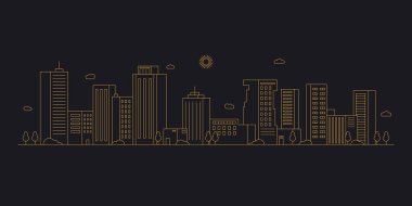 Şehir manzarası. Modern düz çizgi peyzaj vektörü. Şehir manzarası çizimi, bina, kule, gökdelenler. Vektör illüstrasyonu.