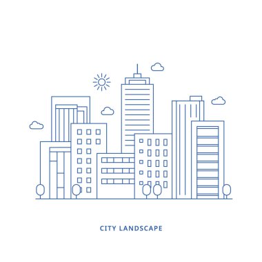 Şehir manzarası. Modern düz çizgi peyzaj vektörü. Şehir manzarası çizimi, bina, kule, gökdelenler. Vektör illüstrasyonu.