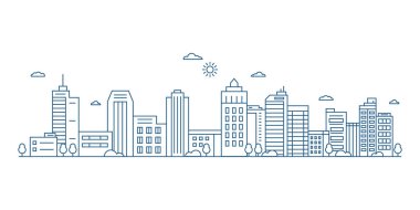 Şehir manzarası. Modern düz çizgi peyzaj vektörü. Şehir manzarası çizimi, bina, kule, gökdelenler. Vektör illüstrasyonu.