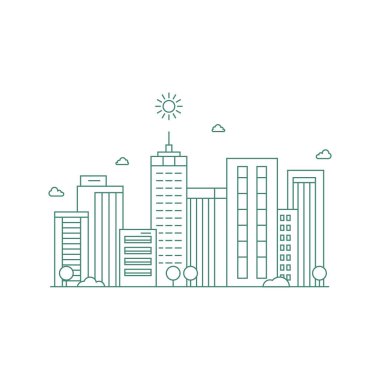Şehir manzarası. Modern düz çizgi peyzaj vektörü. Şehir manzarası çizimi, bina, kule, gökdelenler. Vektör illüstrasyonu.