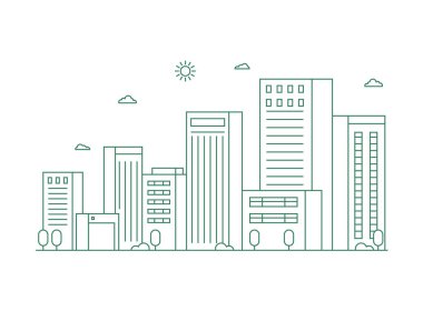 Şehir manzarası. Modern düz çizgi peyzaj vektörü. Şehir manzarası çizimi, bina, kule, gökdelenler. Vektör illüstrasyonu.