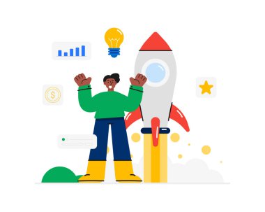 Roket ve iş sembolü olan başarılı bir iş adamı. İş kurma fikri. Vektör çizimi. Çizgi film tarzında vektör illüstrasyonu. 