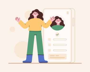 Akıllı telefonlu gülümseyen bir karakterin düz çizimi. Kişisel markalaşma, çevrimiçi kimlik ve profesyonel profil yönetimini temsil ediyor. İş profili yönetim kavramı. 