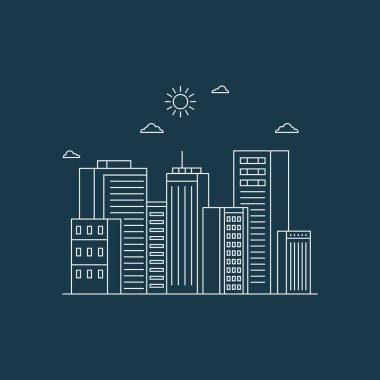 Şehir çizgisi resim çizimi. Monokrom çizgisi sanat tarzında şehir manzarası. Vektör illüstrasyonu 