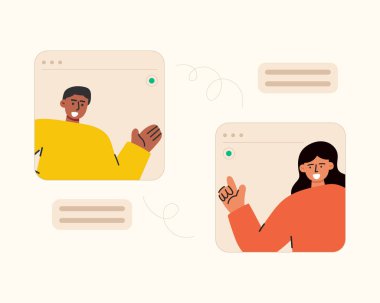 Çevrimiçi bir video konferans toplantısında bir iş ekibinin düz tasarım çizimi. İnternetteki iş görüşmesi konsepti. Vektör düz çizgi film biçimi.