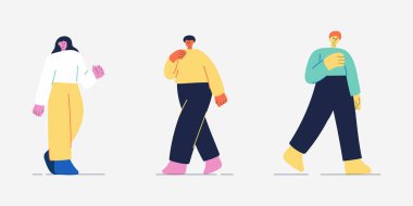 Çizgi filmlerdeki karakterlerin düz çizimi. Düz dizayn biçimli kadın ve erkek..