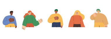 Çizgi filmlerdeki karakterlerin düz çizimi. Düz dizayn biçimli kadın ve erkek..