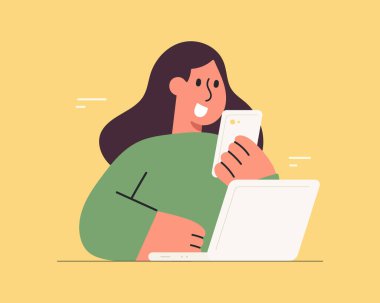 Akıllı telefon ve dizüstü bilgisayar kullanarak düz çizgi film karakteri çizimi. Dijital teknoloji, çevrimiçi iletişim ve modern yaşam tarzı kavramı.