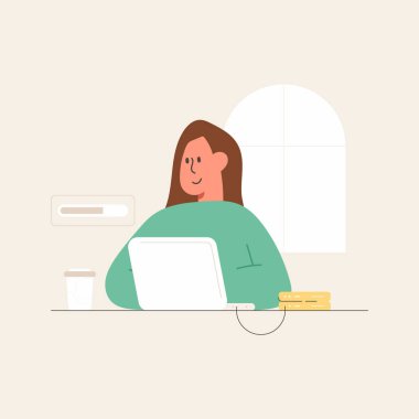 Bilgisayar kullanan bir kadının düz çizgi film karakteri çizimi.