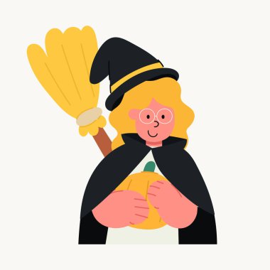 Cadı karakterinin şirin bir çizimi. Cadılar Bayramı ve fantezi.