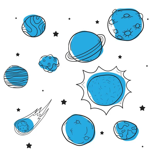 Line Art Planet Sun Asteroid Cartoon Design — Stock Vector